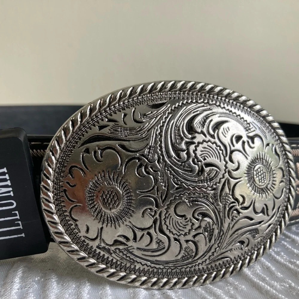 Illuma Western Tooled Leather Belt with Large Silver Engraved Buckle